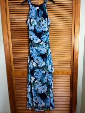 Betsy & Adam Navy Blue Floral Halter Maxi Dress